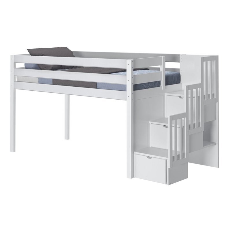 JACKPOT Contemporary Solid Wood Low Loft Twin Bed with 3 Step Stairway in White