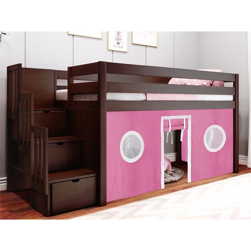JACKPOT Solid Wood Low Loft Twin Bed with Stairway and Tent in Cherry/Pink/White