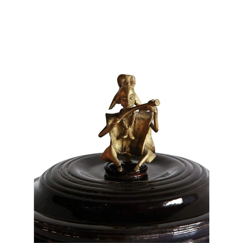 Hand Carved Black Bread Box with Bronze Musician Figurine Handle
