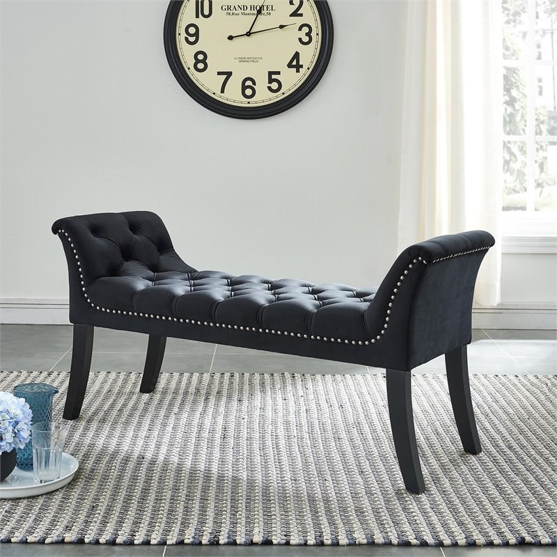 Velci Button Tufting Modern Velvet Upholstered/Solid Wood Bench in Black