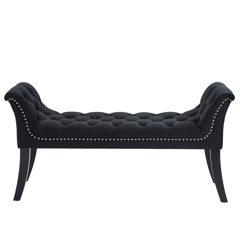 Velci Button Tufting Modern Velvet Upholstered/Solid Wood Bench in Black