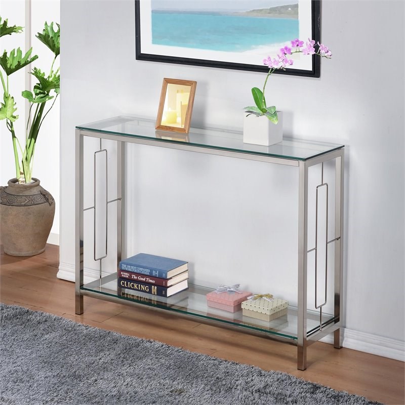 Athena Contemporary Metal/Glass Console Table with 2-Tier Design in Chrome