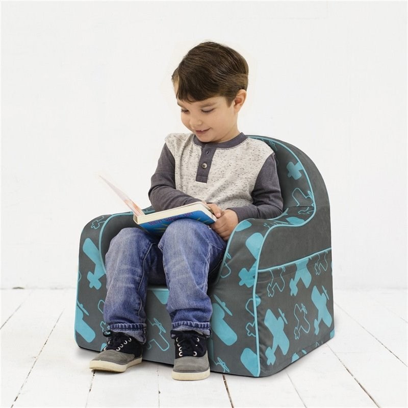 P'kolino Contemporary Fabric Little Reader Chair with Planes in Gray and Blue