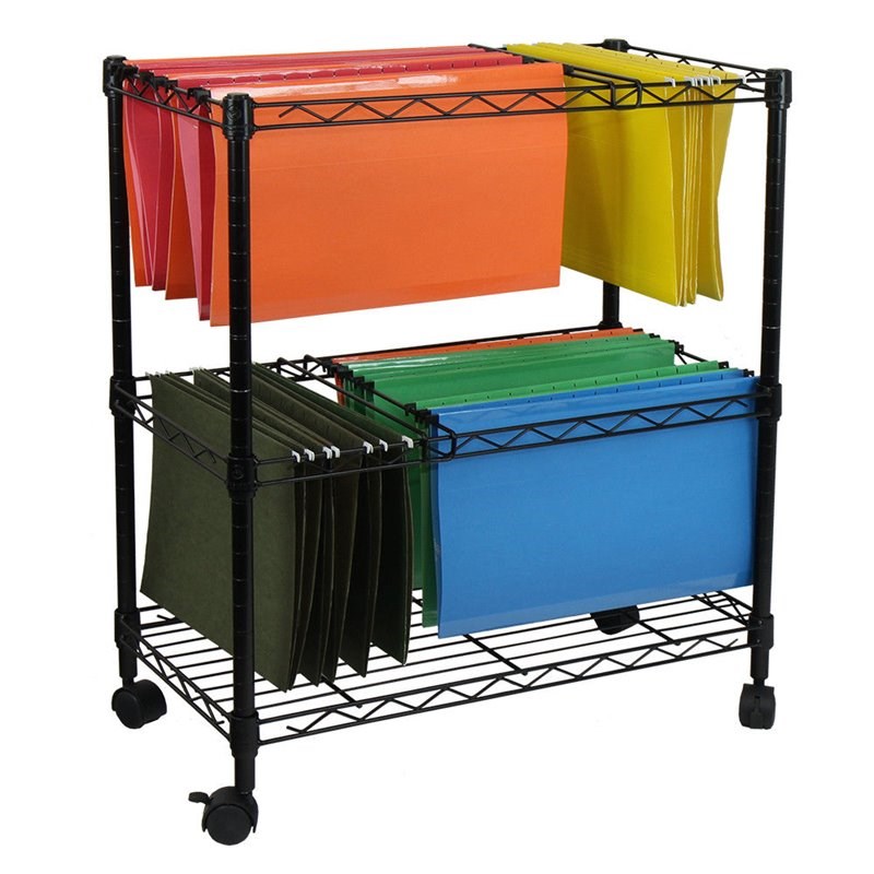 Oceanstar Portable 2-Tier Metal Rolling File Cart with 4 Swivel Casters in Black