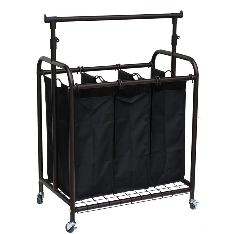 Oceanstar 3-Bag Adjustable Hanging Bar Metal Rolling Laundry Sorter in Black