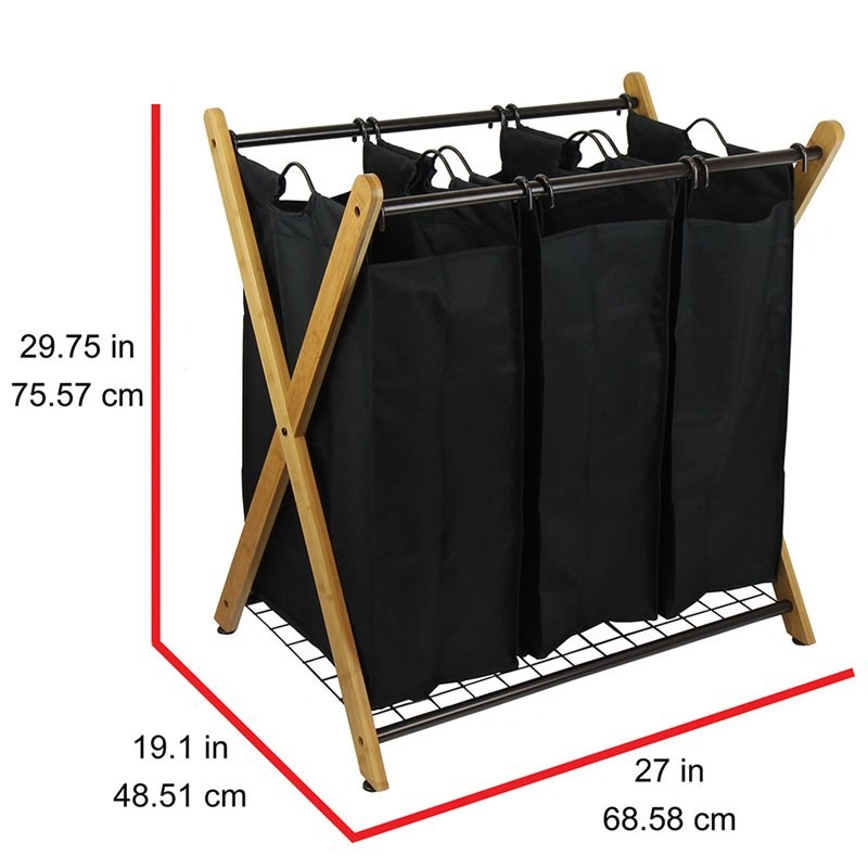 Oceanstar X-Frame 3-Bag Modern Bamboo and Metal Laundry Sorter in Black