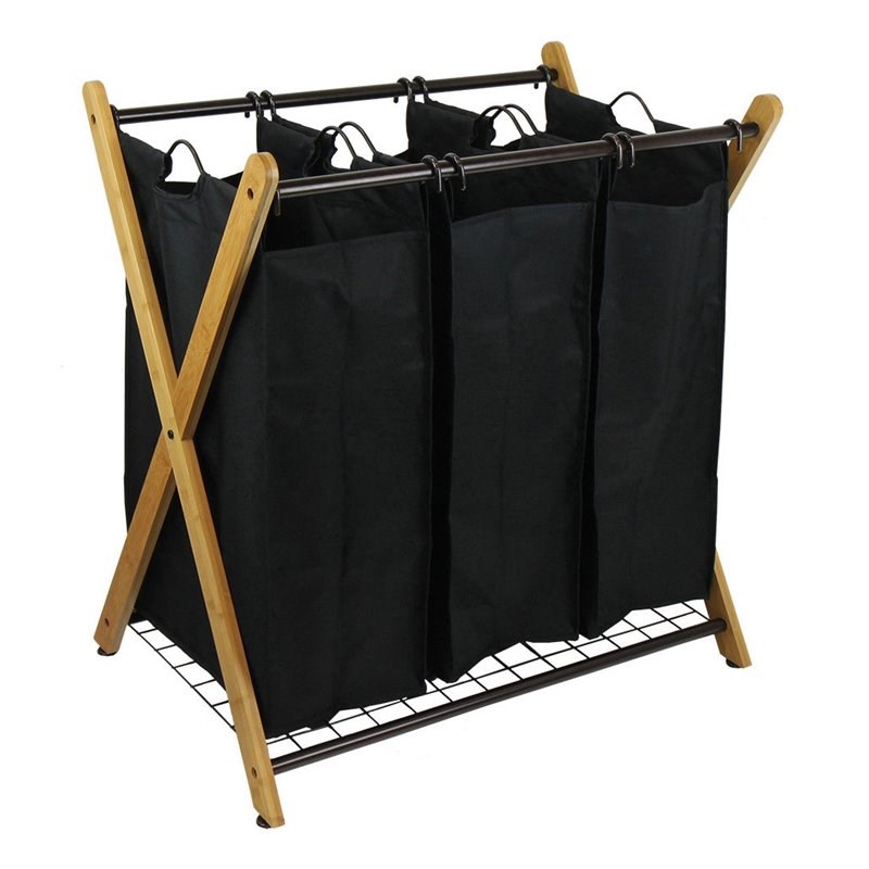 Oceanstar X-Frame 3-Bag Modern Bamboo and Metal Laundry Sorter in Black