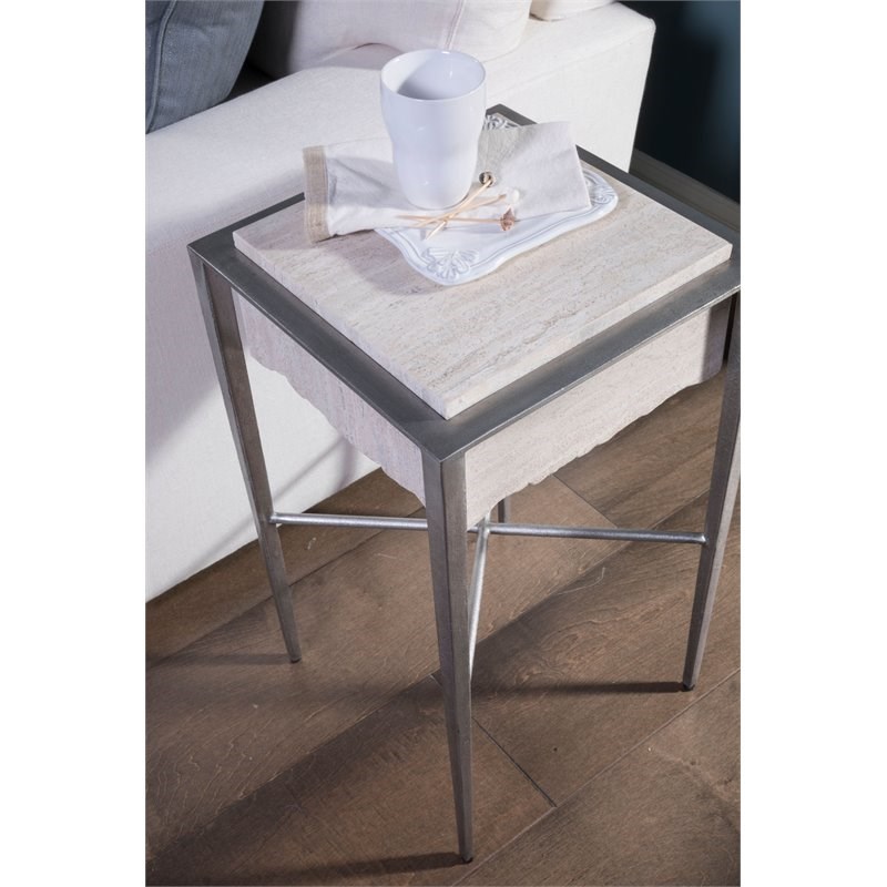 Artistica Home Everest Square Metal Spot Accent Table in Light Tan/Silver Leaf