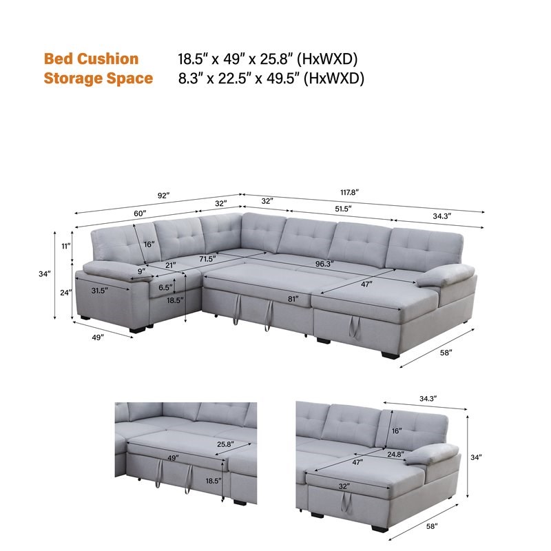 Alexent 5Seat Modern Fabric Sleeper Sectional Sofa with Storage in Ash
