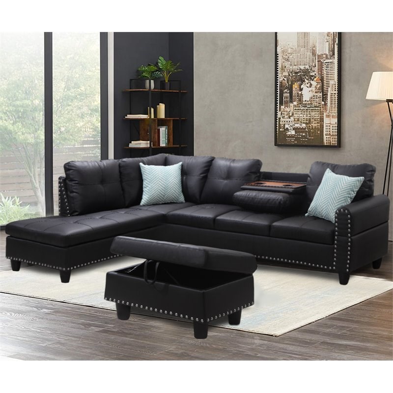 Alexent Left Hand Facing Faux Leather Sectional Sofa with Ottoman in Black