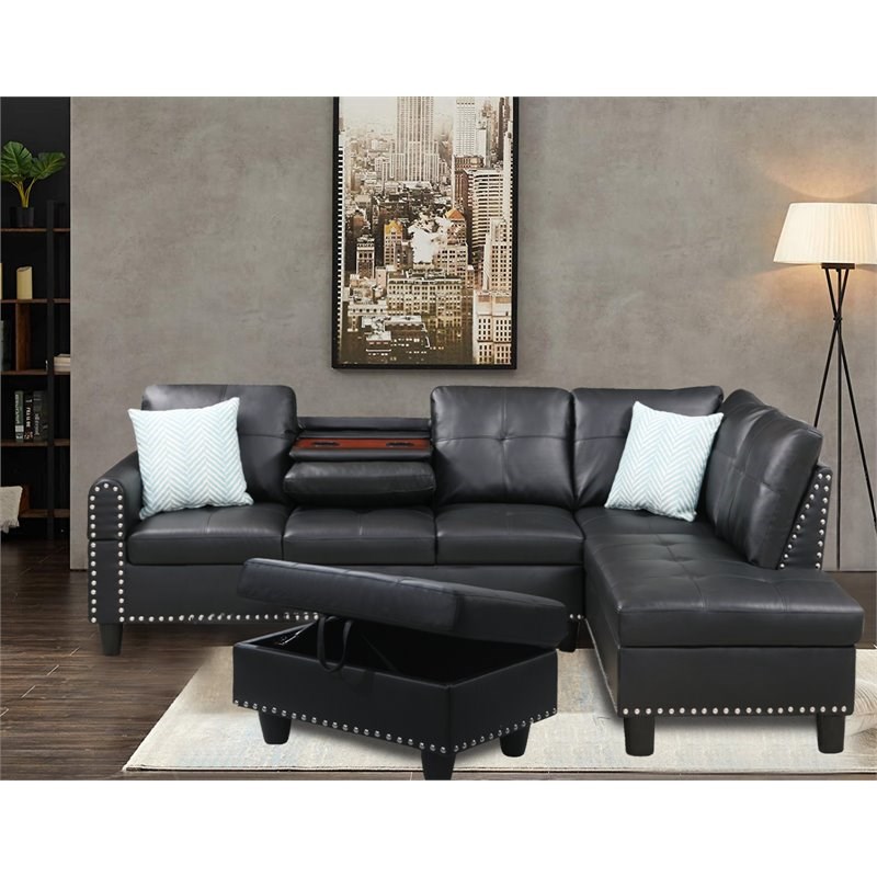 Alexent Right Hand Facing Faux Leather Sectional Sofa with Ottoman in Black