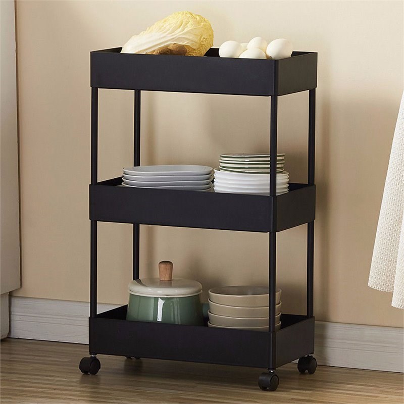 Alexent 4-Tier Plastic Storage Organizer Rolling Cart with Slim Shelves in Black