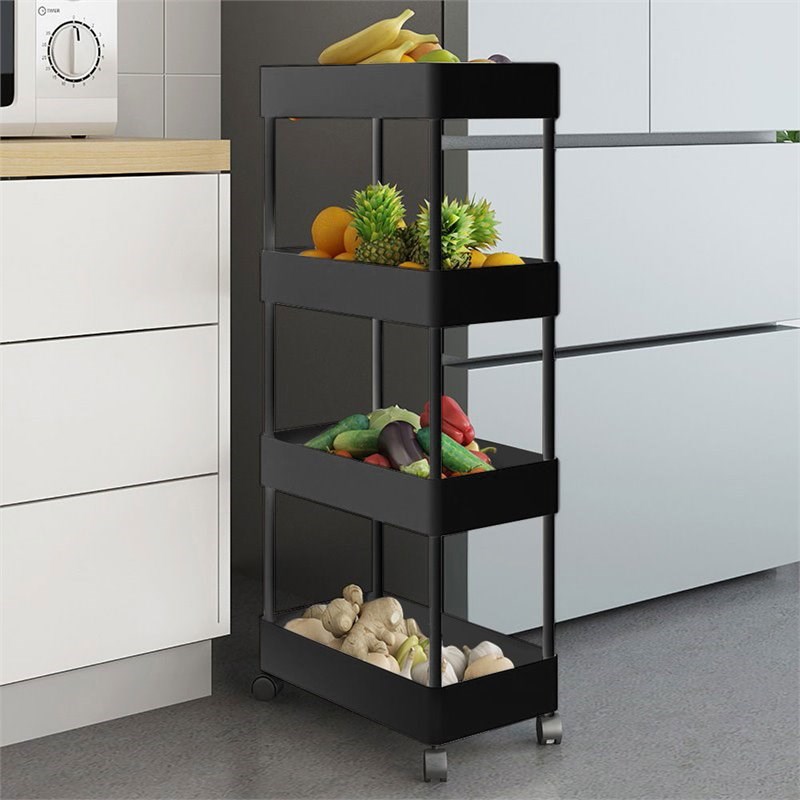 Alexent 4-Tier Plastic Storage Organizer Rolling Cart with Slim Shelves in Black