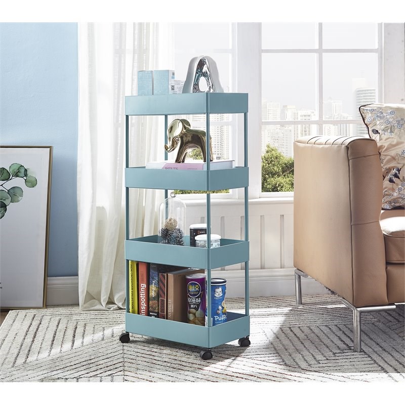 Alexent 4-Tier Plastic Storage Organizer Rolling Cart with Slim Shelves in Blue