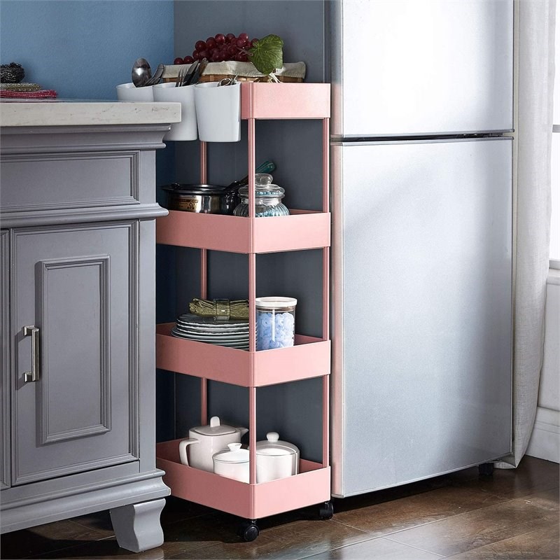 Alexent 4-Tier Plastic Storage Organizer Rolling Cart with Slim Shelves in Pink