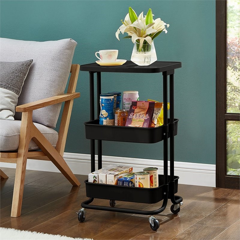 Alexent 2-Tier Table Top Plastic Storage Trolley Rolling Cart Organizer in Black