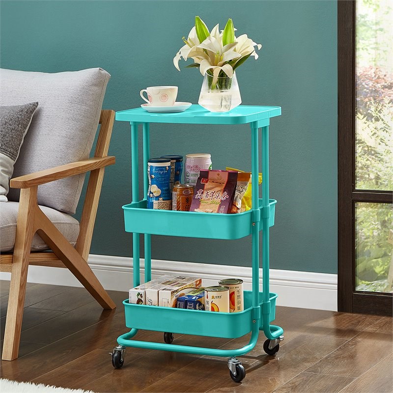 Alexent 2-Tier Table Top Plastic Storage Trolley Rolling Cart Organizer in Blue