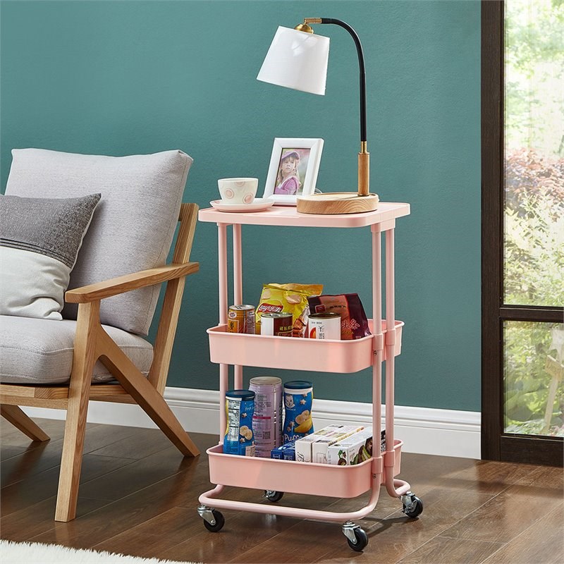 Alexent 2-Tier Table Top Plastic Storage Trolley Rolling Cart Organizer in Pink