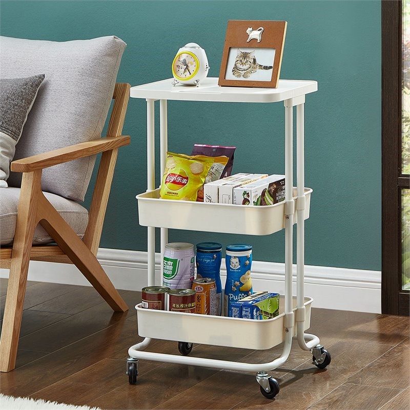 Alexent 2-Tier Table Top Plastic Storage Trolley Rolling Cart Organizer in White
