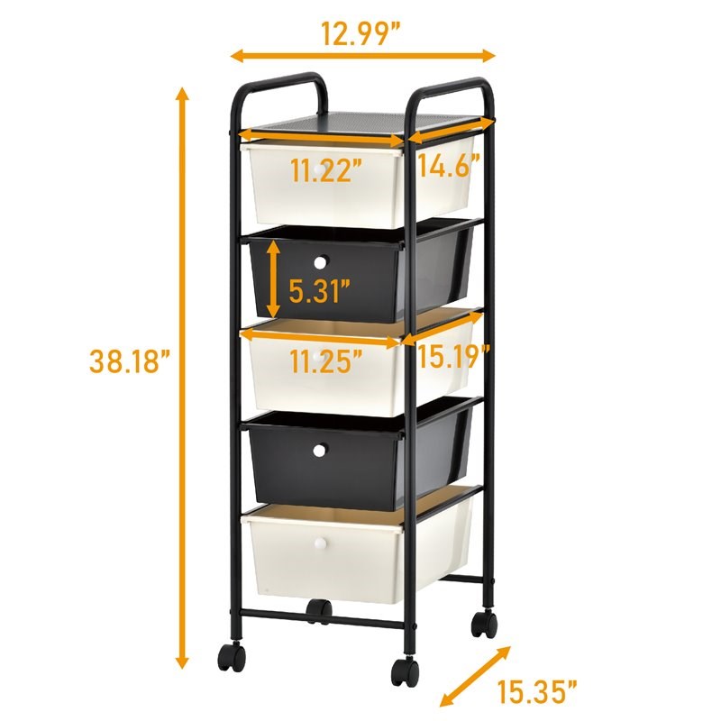 Alexent 5-Drawer Modern Metal/Plastic Organizer Rolling Storage Cart in Black
