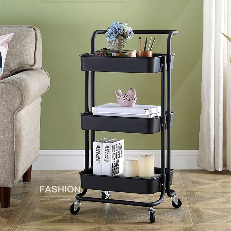 Alexent 3-Tier Modern Plastic Storage Trolley Rolling Utility Carts in Black