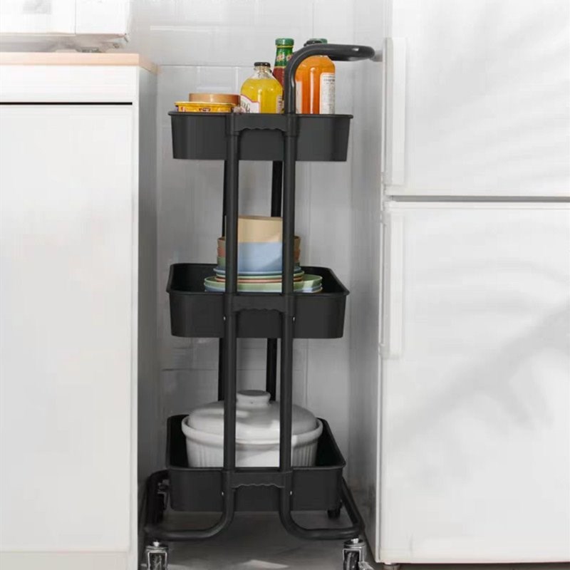 Alexent 3-Tier Modern Plastic Storage Trolley Rolling Utility Carts in Black