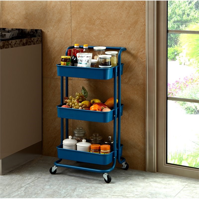 Alexent 3-Tier Modern Plastic Storage Trolley Rolling Utility Carts in Navy
