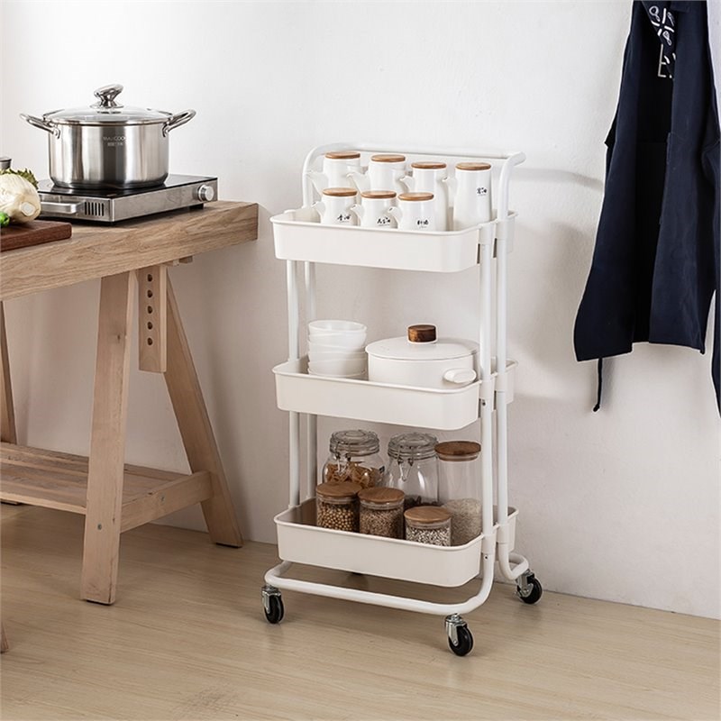 Alexent 3-Tier Modern Plastic Storage Trolley Rolling Utility Carts in White