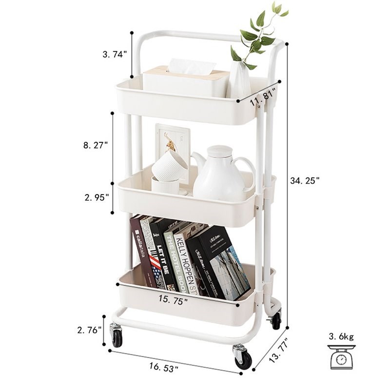 Alexent 3-Tier Modern Plastic Storage Trolley Rolling Utility Carts in White