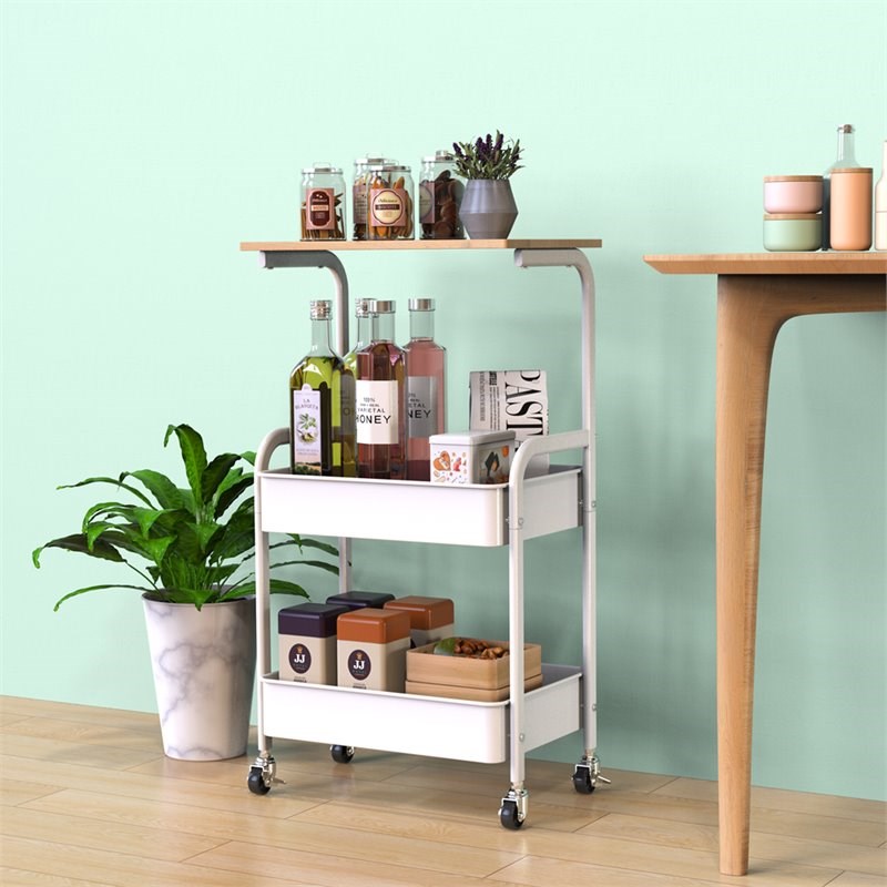 Alexent Modern Metal Utility Rolling Cart with Flat Top in White