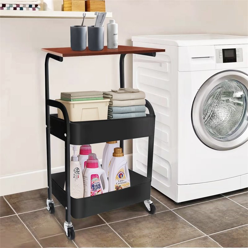 Alexent Modern Metal Utility Rolling Cart with Flat Top in Black