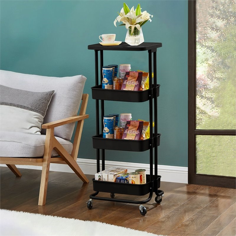 Alexent 3-Tier Table Top Plastic Storage Trolley Rolling Cart Organizer in Black