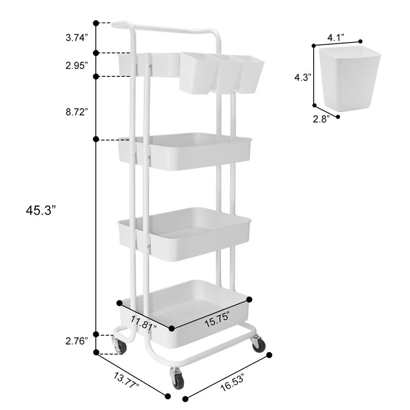 Alexent Modern Plastic Utility Rolling Cart with 4 Adjustable Shelves in White