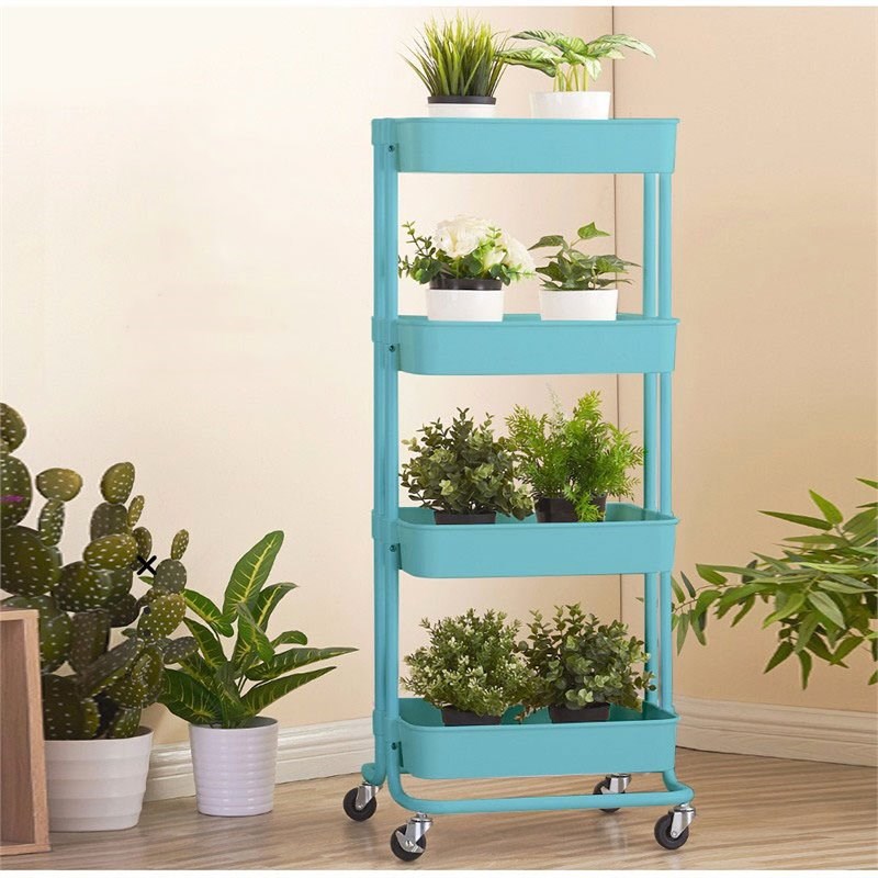 Alexent Modern Plastic Utility Rolling Cart with 4 Adjustable Shelves in Blue