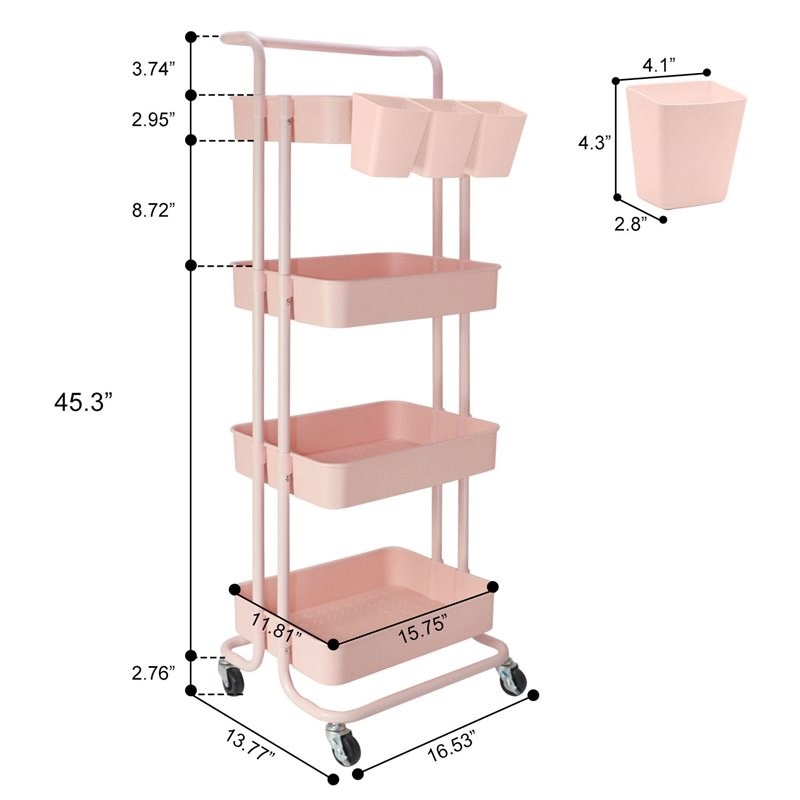 Alexent Modern Plastic Utility Rolling Cart with 4 Adjustable Shelves in Pink