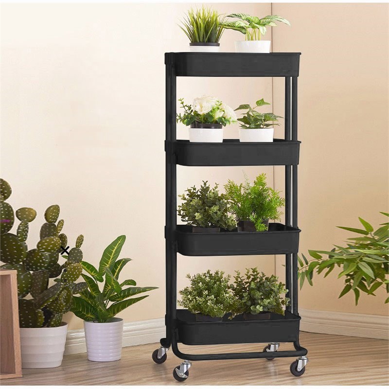 Alexent Modern Plastic Utility Rolling Cart with 4 Adjustable Shelves in Black
