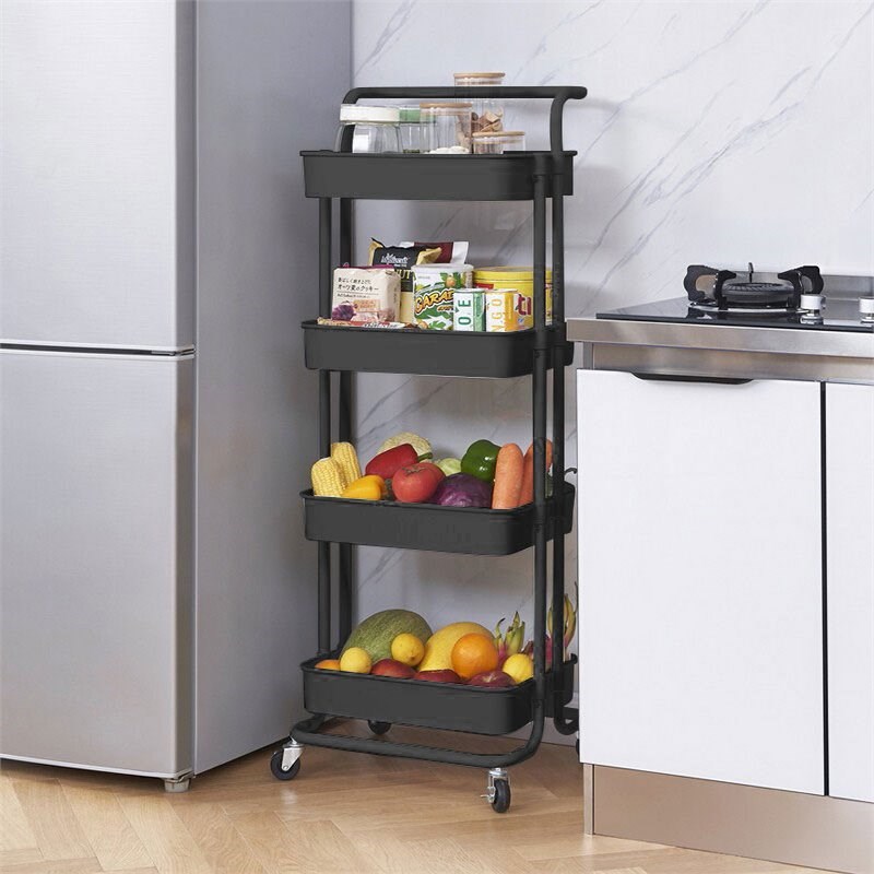 Alexent Modern Plastic Utility Rolling Cart with 4 Adjustable Shelves in Black