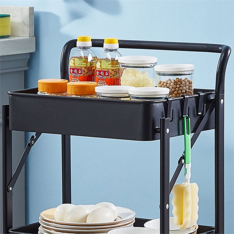 Alexent 3-Tier Modern Metal Storage Utility Rolling Cart with Foldable in Black