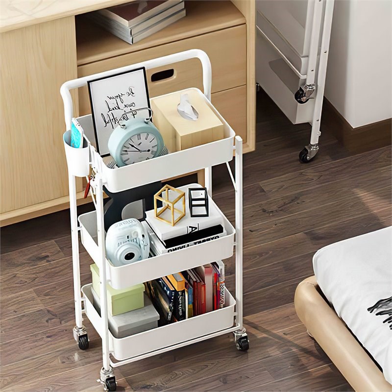 Alexent 3-Tier Modern Metal Storage Utility Rolling Cart with Foldable in White