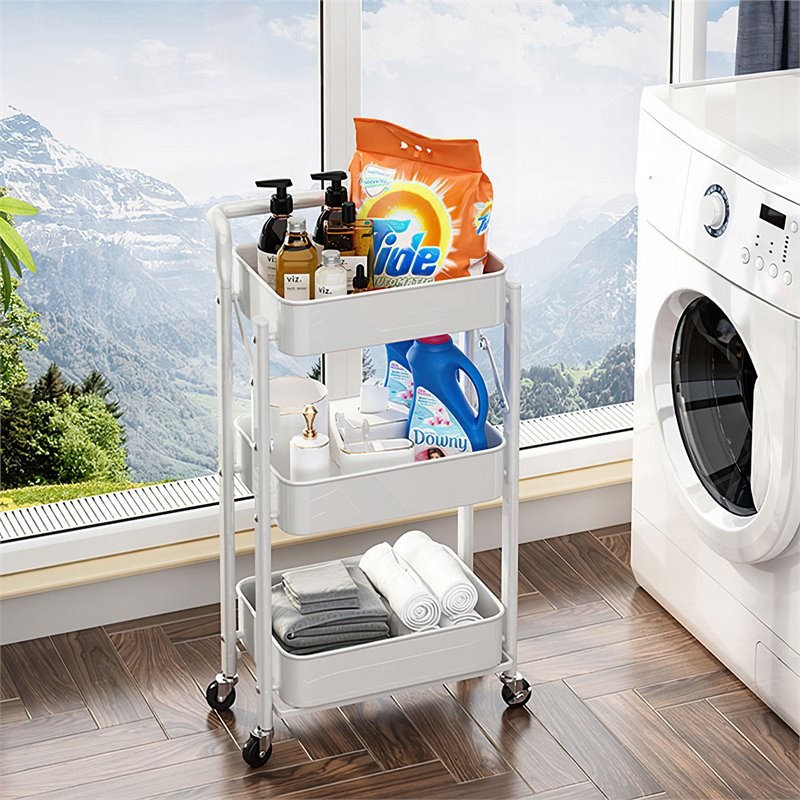 Alexent 3-Tier Modern Metal Storage Utility Rolling Cart with Foldable in White