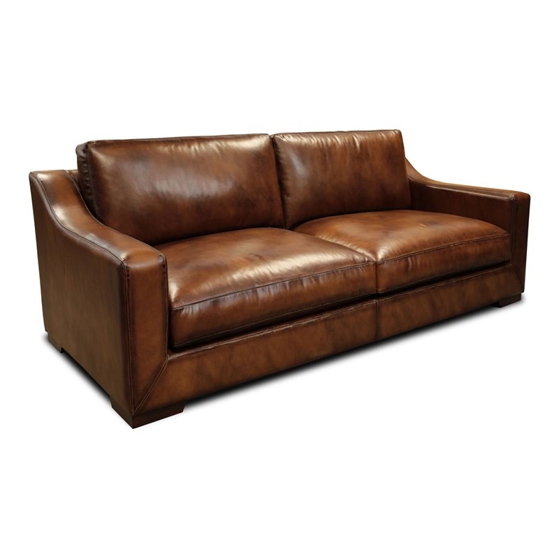 Hello Sofa Home Ramba Contemporary Top Grain Leather Loveseat in Brown