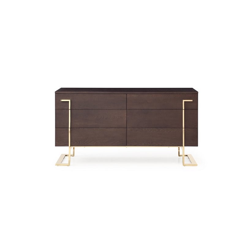 Modrest Moontide 6-Drawer Modern Wood Veneer Dresser in Brown/Champagne Gold