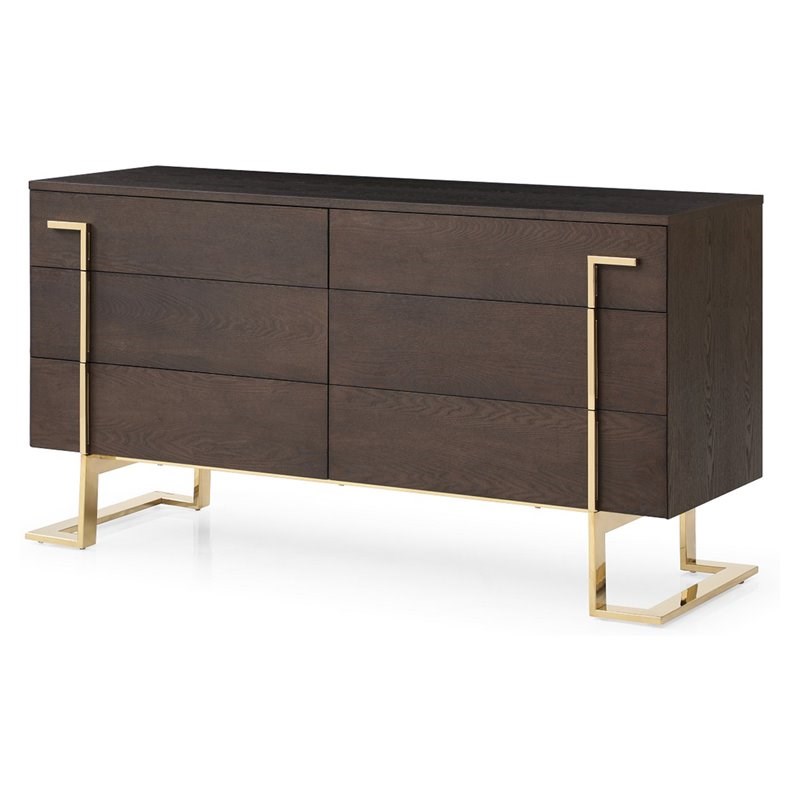 Modrest Moontide 6-Drawer Modern Wood Veneer Dresser in Brown/Champagne Gold