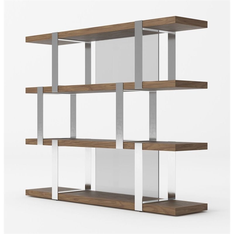 Modrest Brewer 4-Shelves Modern MDF Wood & Stainless Steel Bookshelf in Walnut