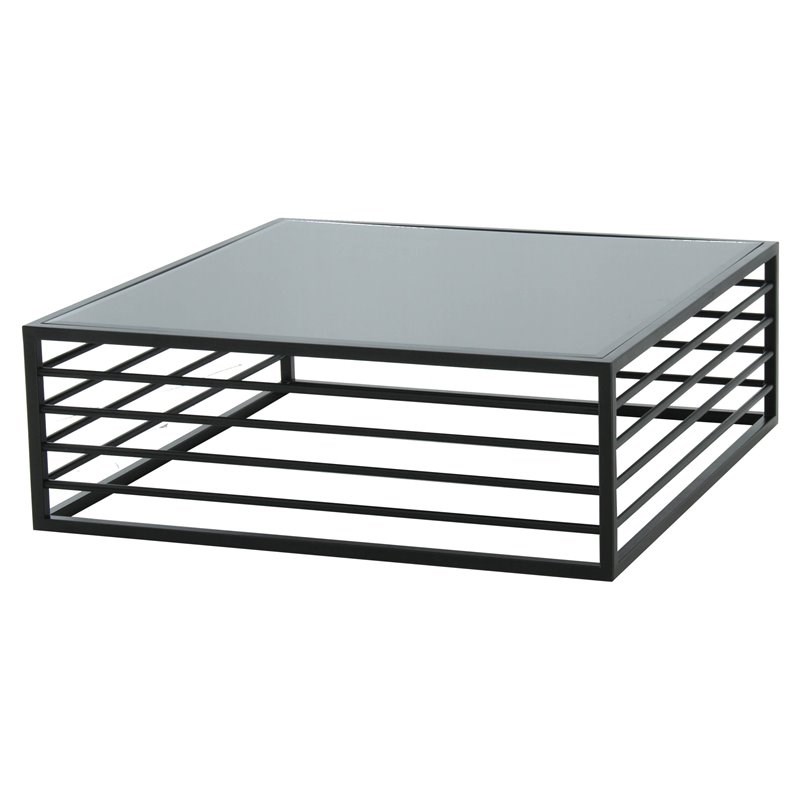 Modrest Malvo Square Modern Wrought Iron & Glass Coffee Table in Black/Clear