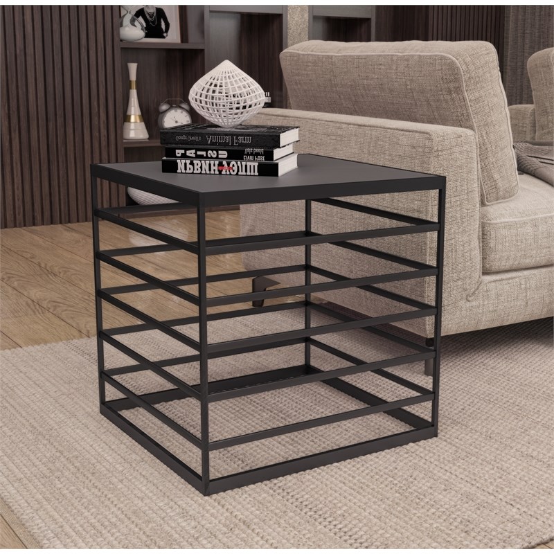 Modrest Malvo Modern Wrought Iron and Glass End Table in Black Finish/Clear