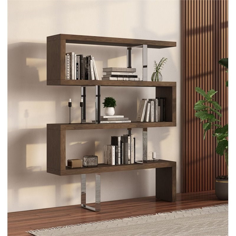 Modrest Maze Modern Wood & Stainless Steel Bookcase in Walnut Finish