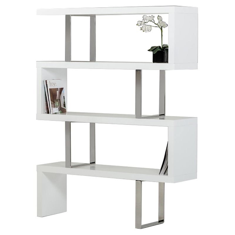 Modrest Maze Modern MDF & Stainless Steel Bookcase in White High Gloss