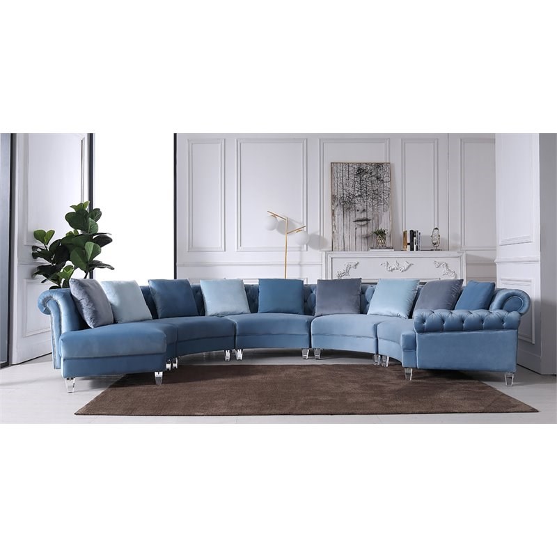 Divani Casa Darla Modern Velvet Curved Sectional Sofa in Blue/Silver
