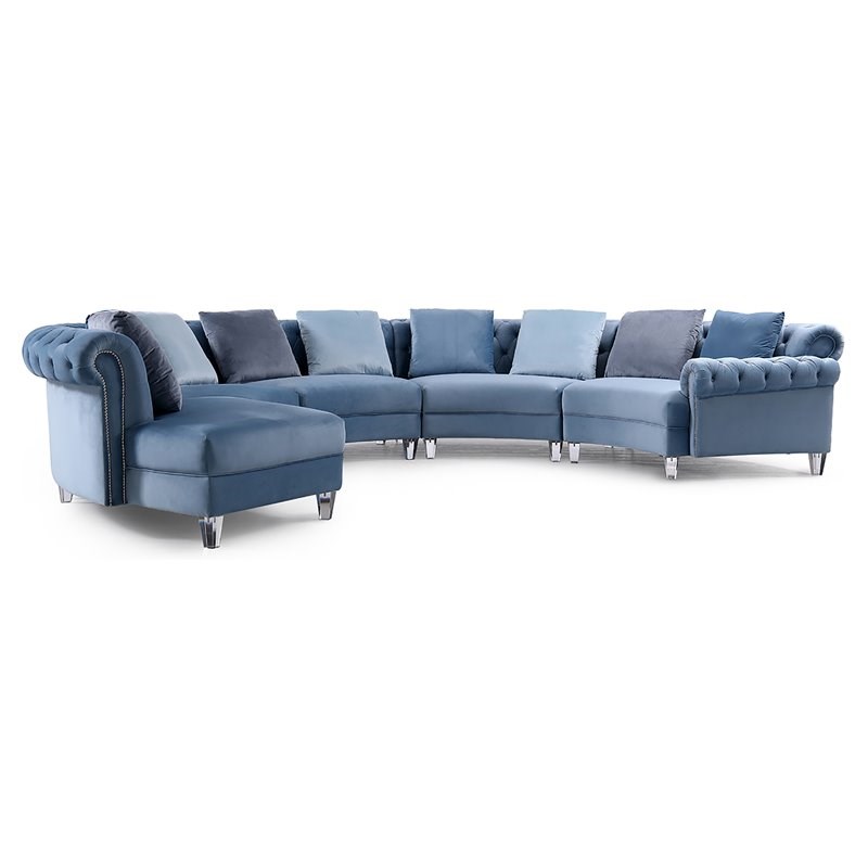 Divani Casa Darla Modern Velvet Curved Sectional Sofa in Blue/Silver